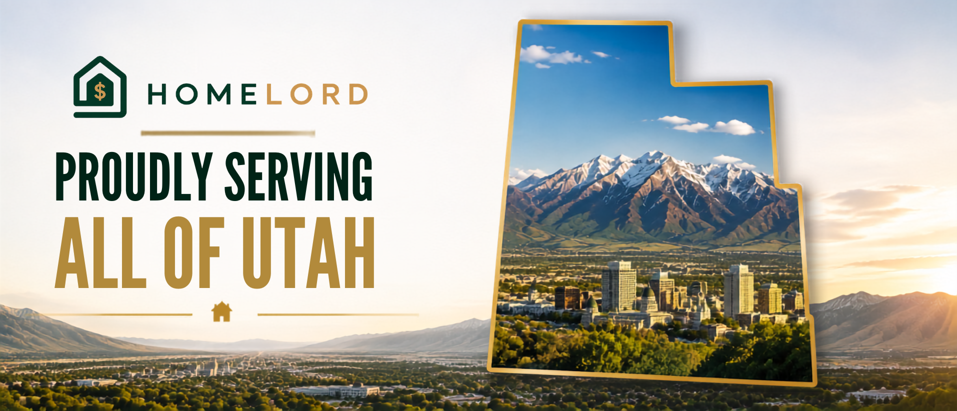 Salt Lake City skyline with mountains inside Utah state outline and text 'Proudly Serving All of Utah'.