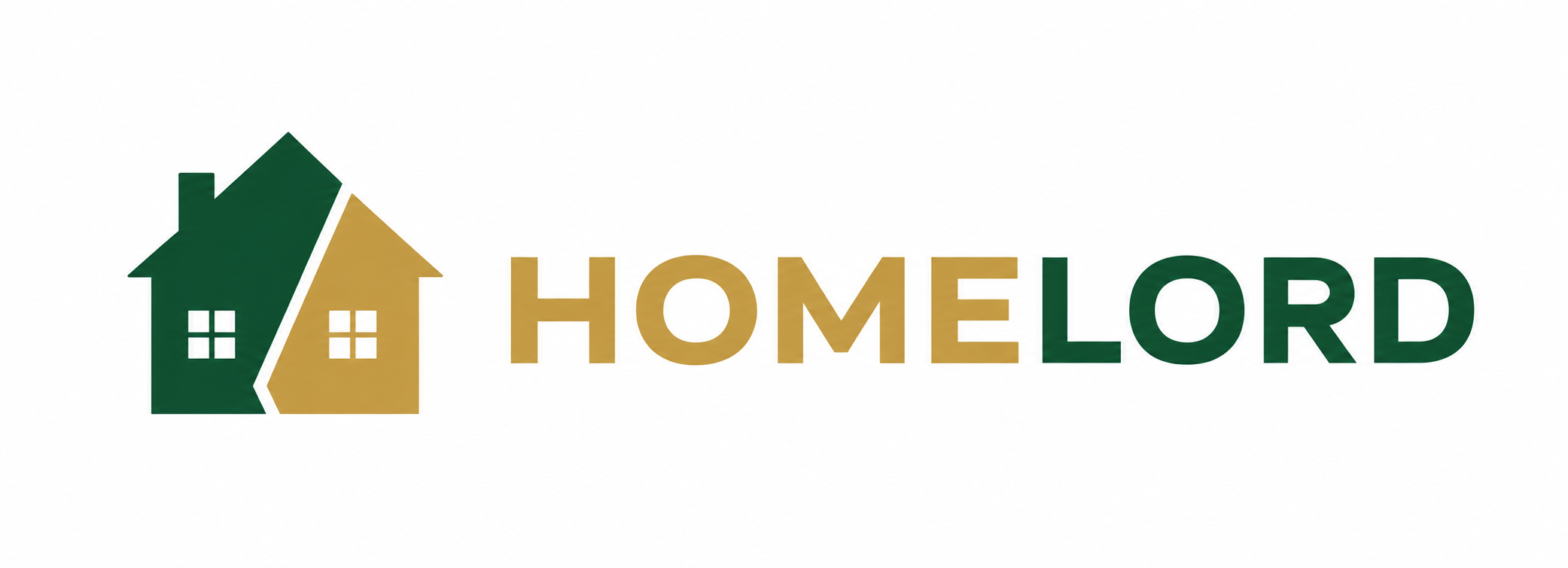 Logo with one green and one gold house icon next to the text HOMELORD in gold and green letters.