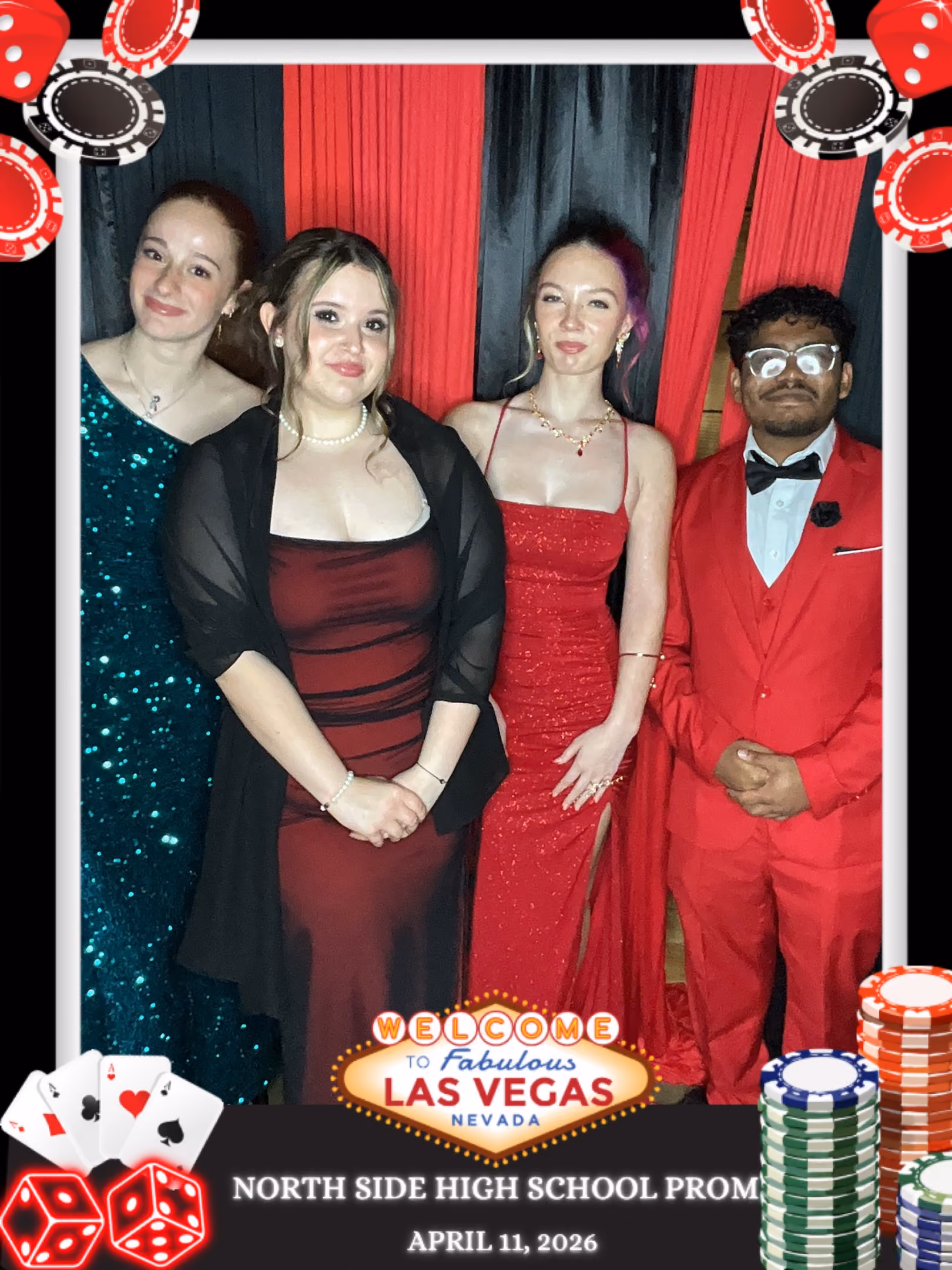 Four people in formal attire posing at North Side High School prom on April 11, 2026, Las Vegas theme.