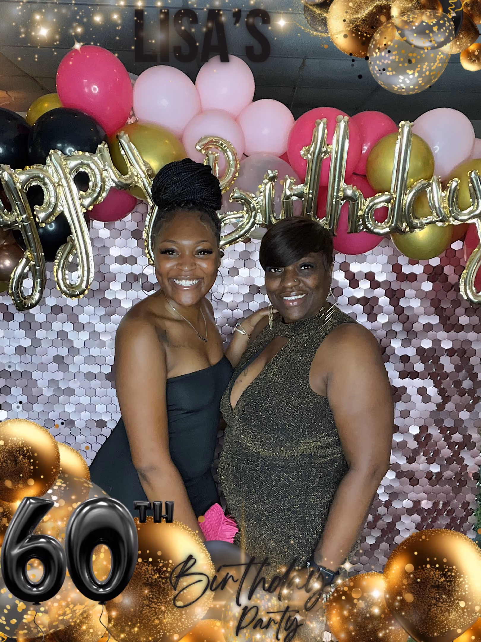 Two smiling women posing at a 60th birthday party with festive balloons and a sequin backdrop.