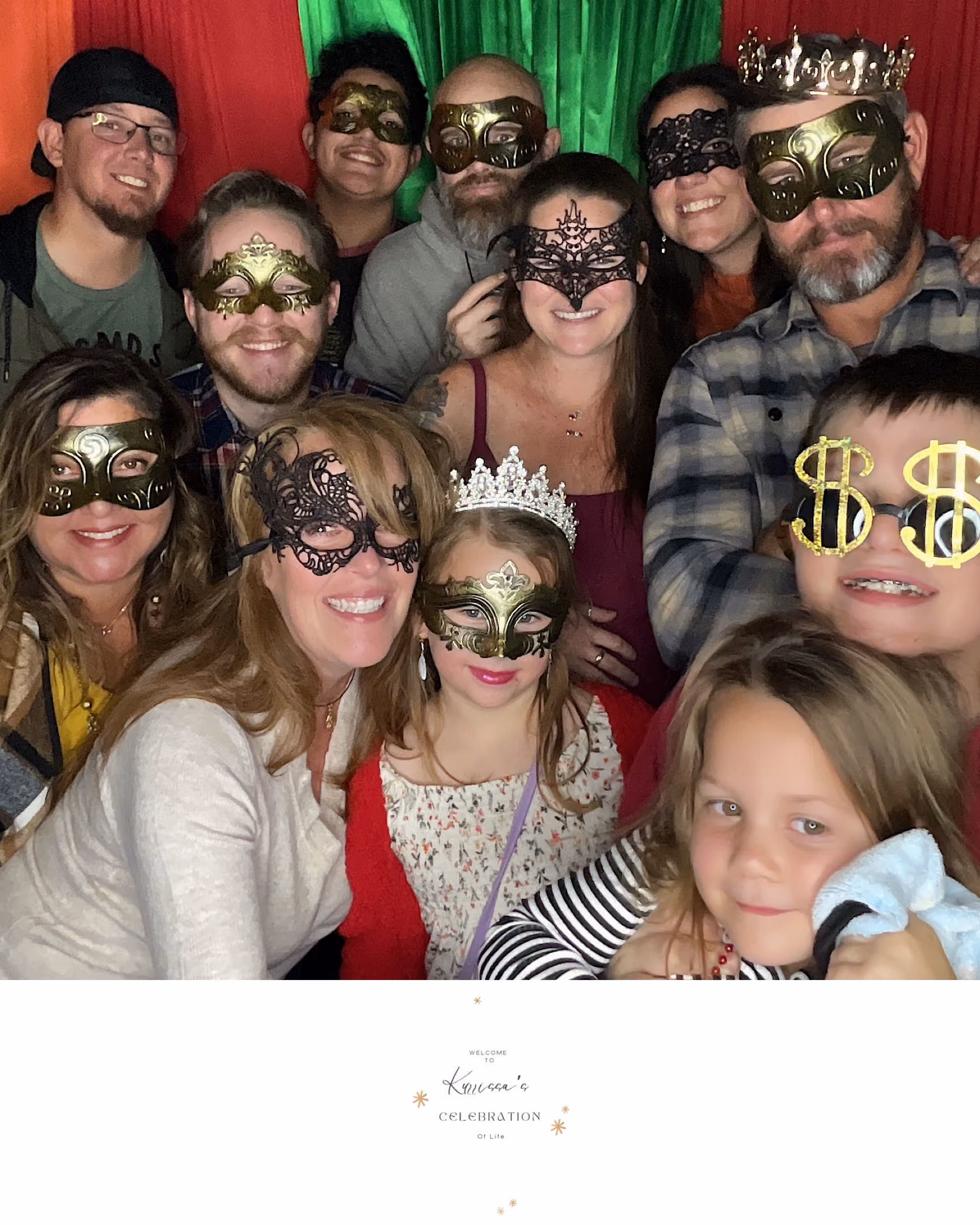 Group of people wearing decorative masks and a tiara against a red and green curtain background.