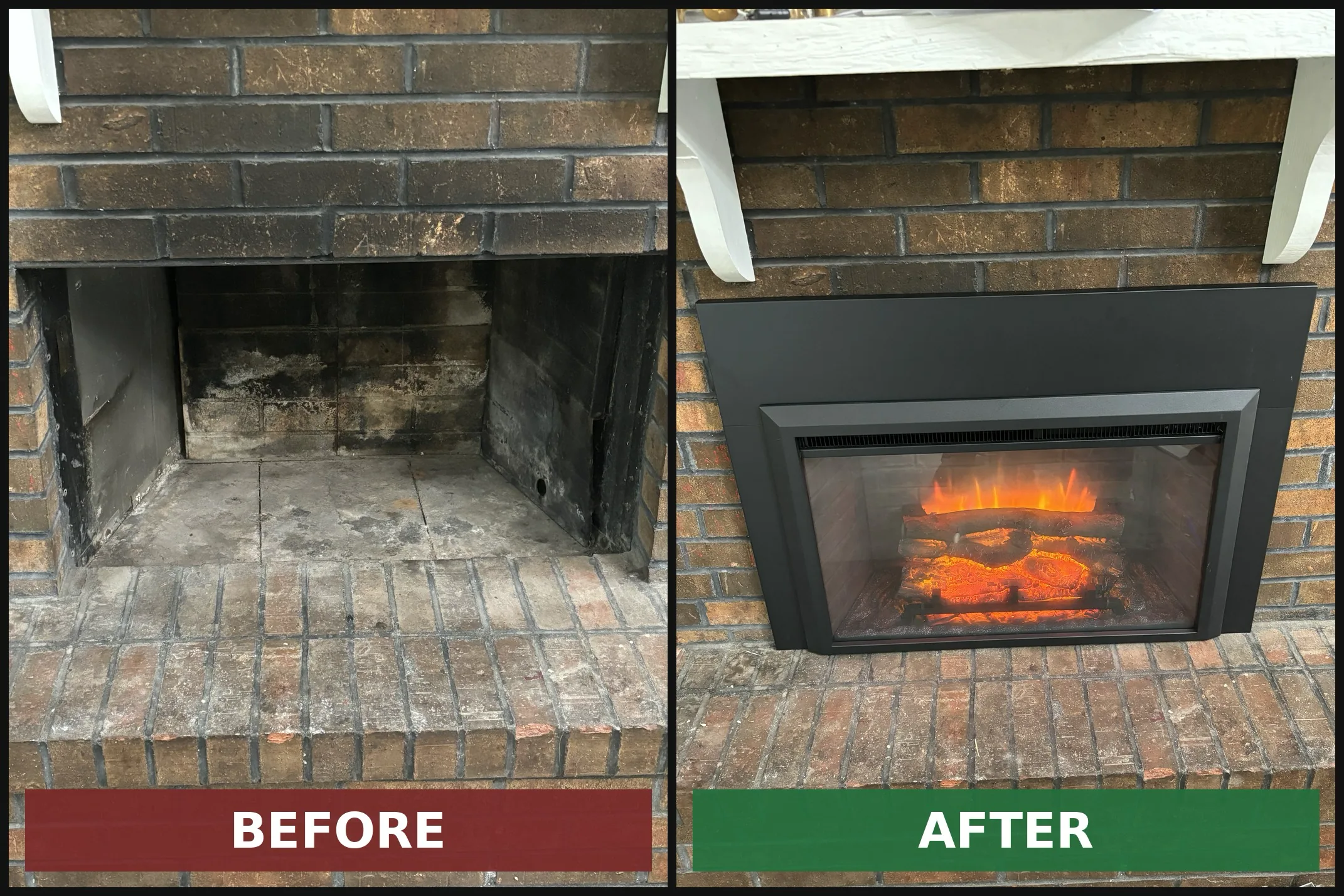 Before and after photo of a professionally installed fireplace insert with clean masonry surround