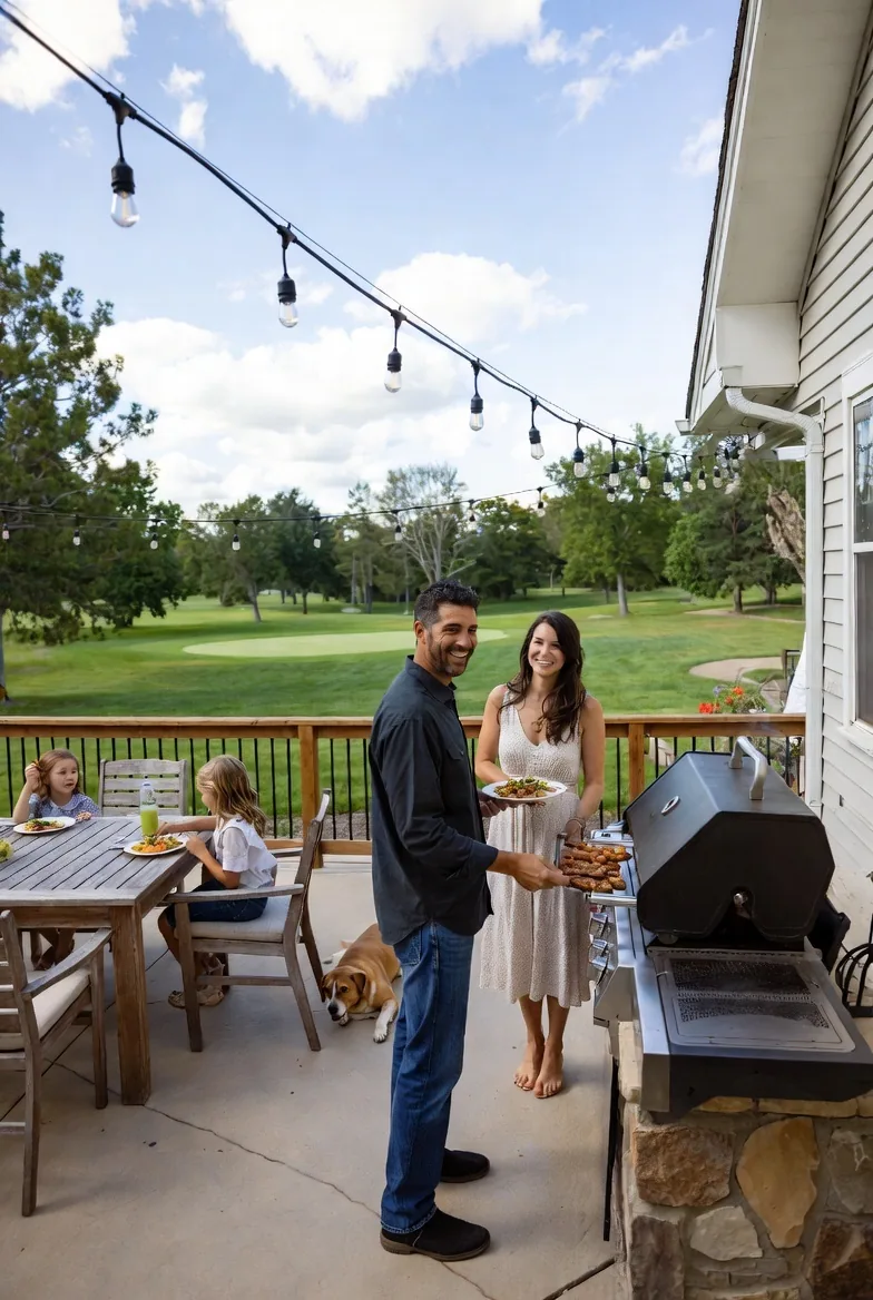 A clean outdoor BBQ grill in a residential backyard setting