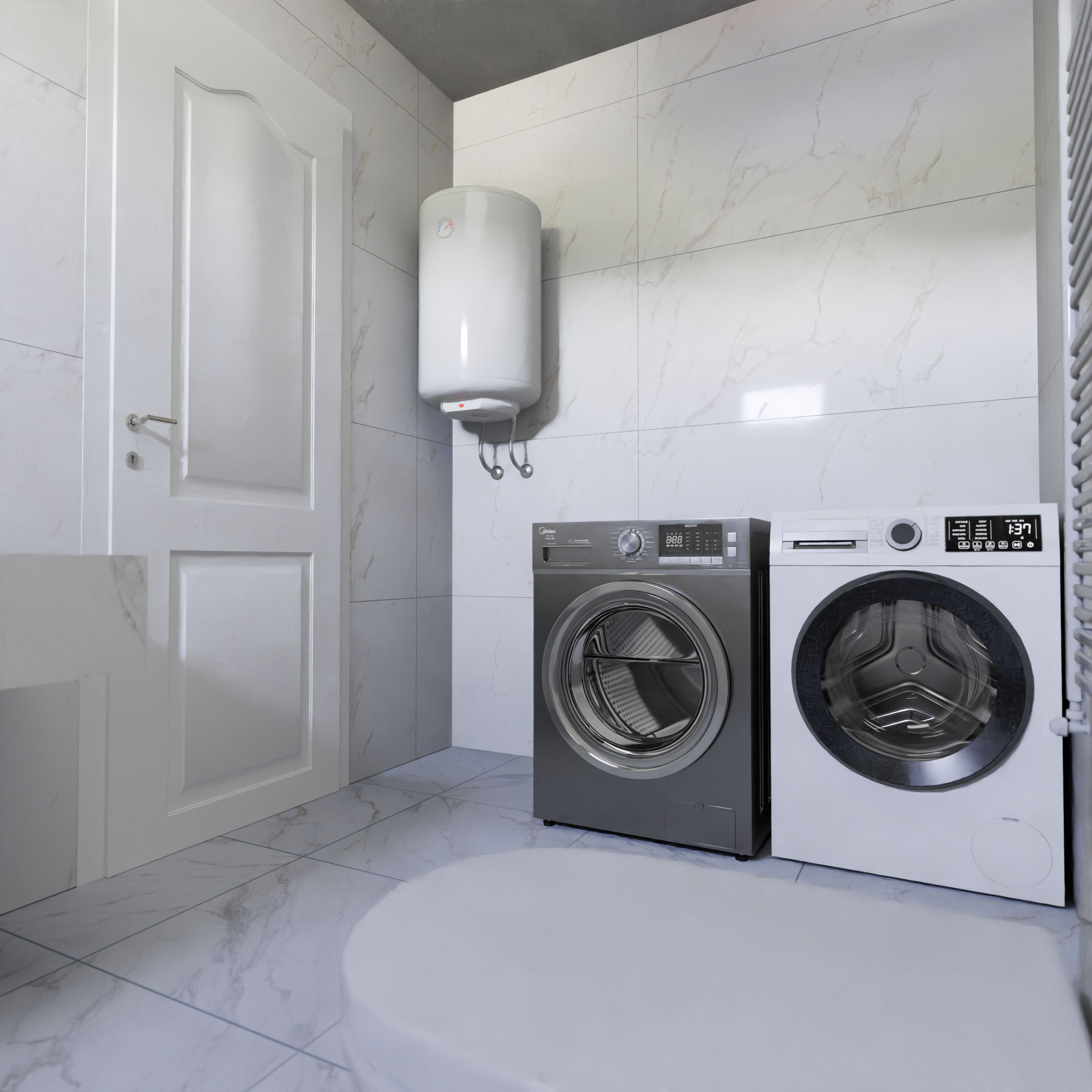 Modern residential laundry room with a front-load washer and dryer set against tiled flooring