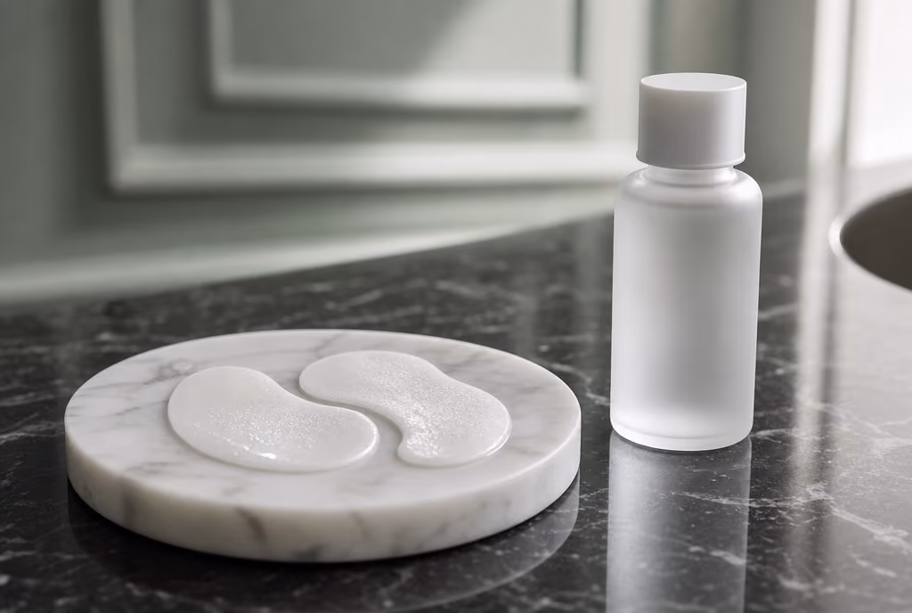 Under-eye gel patches on a marble dish in the treatment room