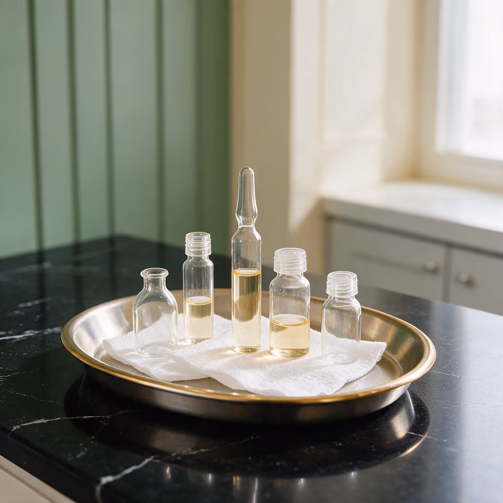 Unlabelled glass vials and ampoules on a steel tray for anti-wrinkle injection treatment