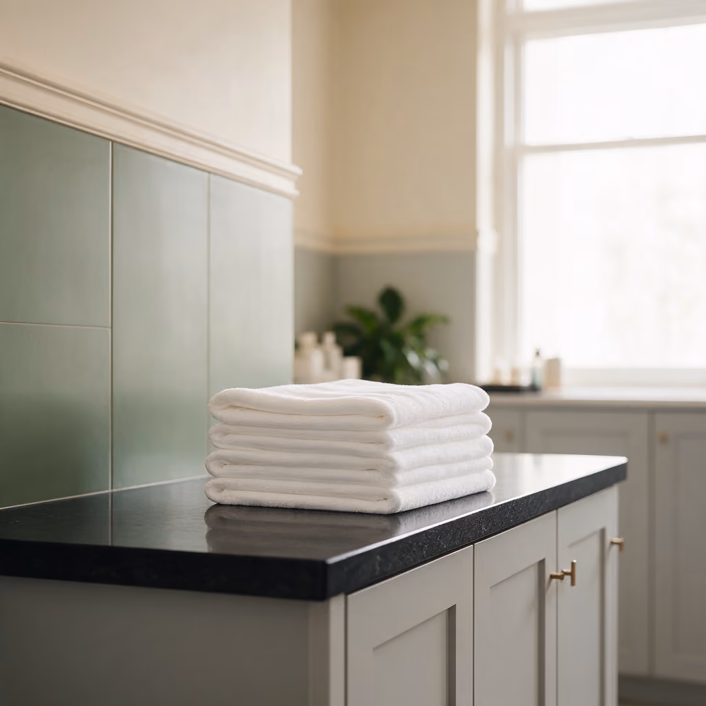 Folded white towels on a black stone countertop in a luxury anti-wrinkle treatment clinic