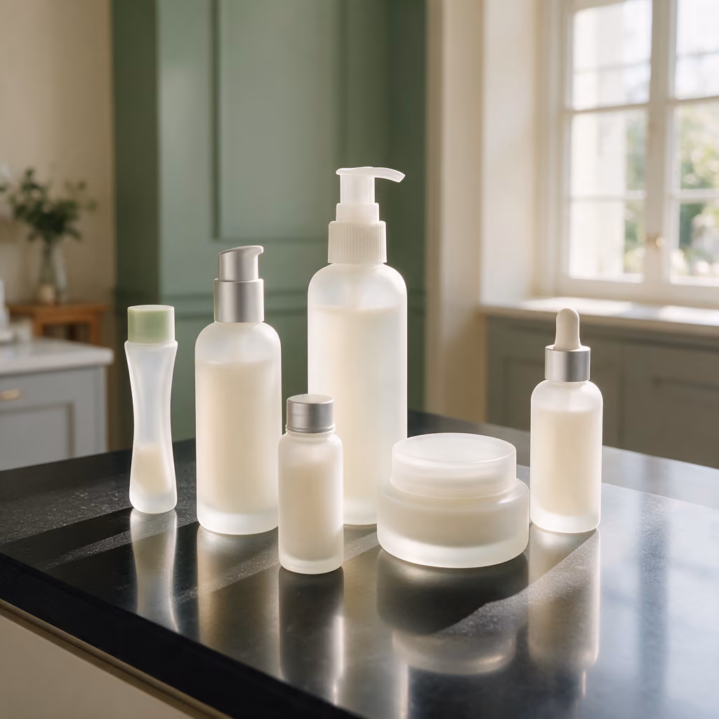Frosted glass skincare bottles flat lay in a luxury anti-wrinkle treatment clinic
