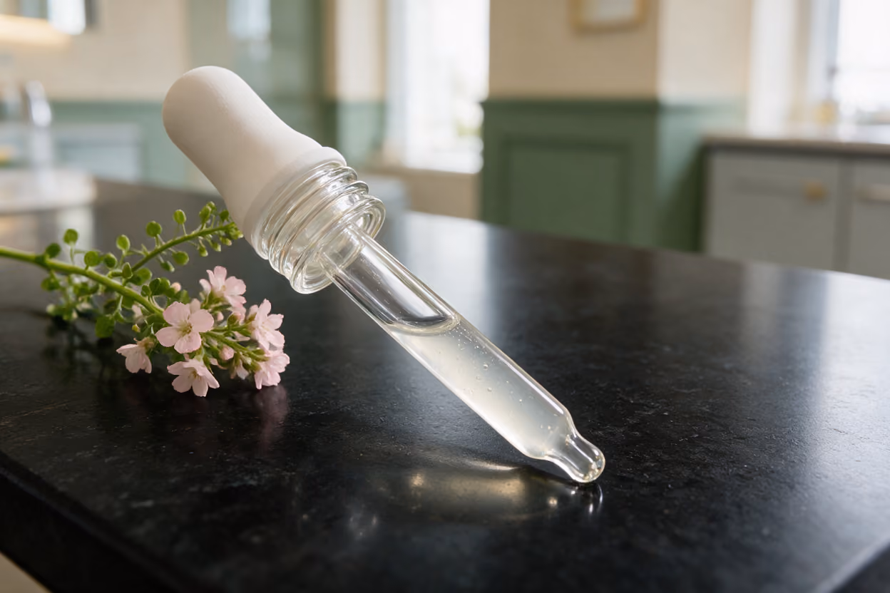 Glass serum pipette and botanical sprig on a black stone counter for anti-wrinkle treatment