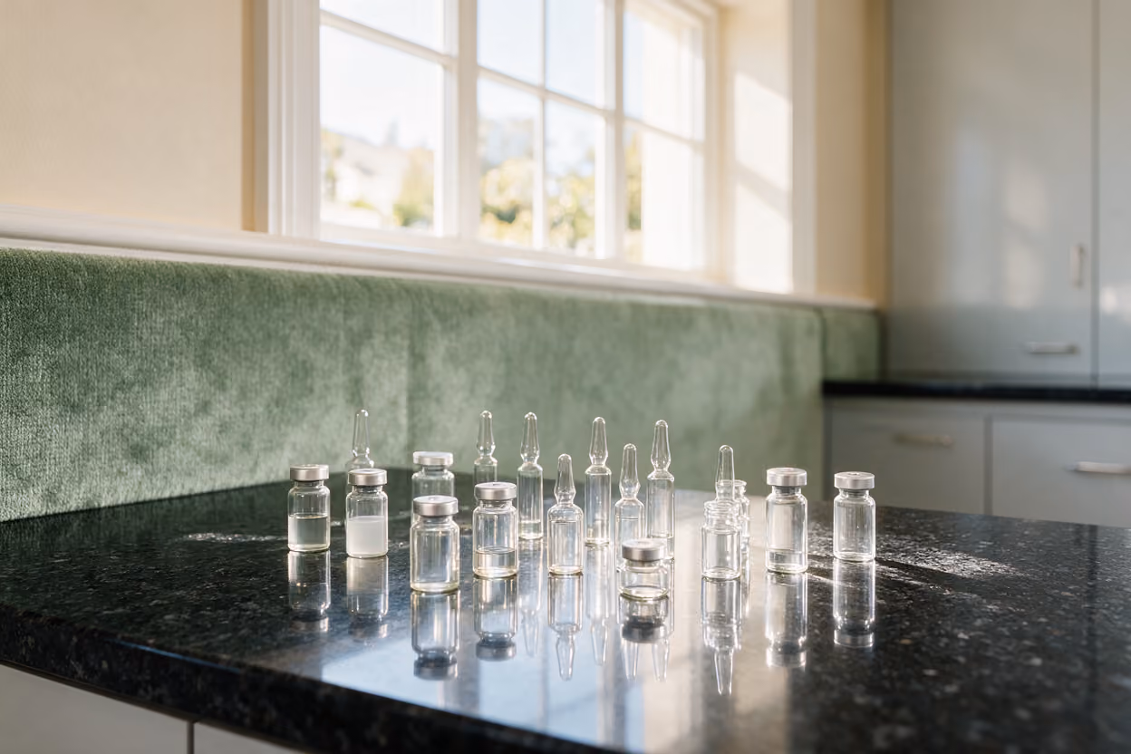 Unlabelled glass vials and ampoules of hyaluronic acid skin booster on a black stone counter