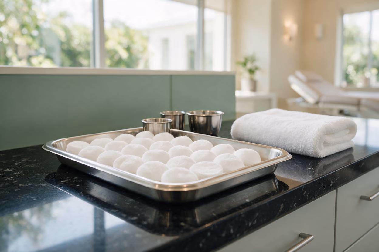 Steel treatment tray with cotton pads and a folded towel prepared for a skin booster treatment