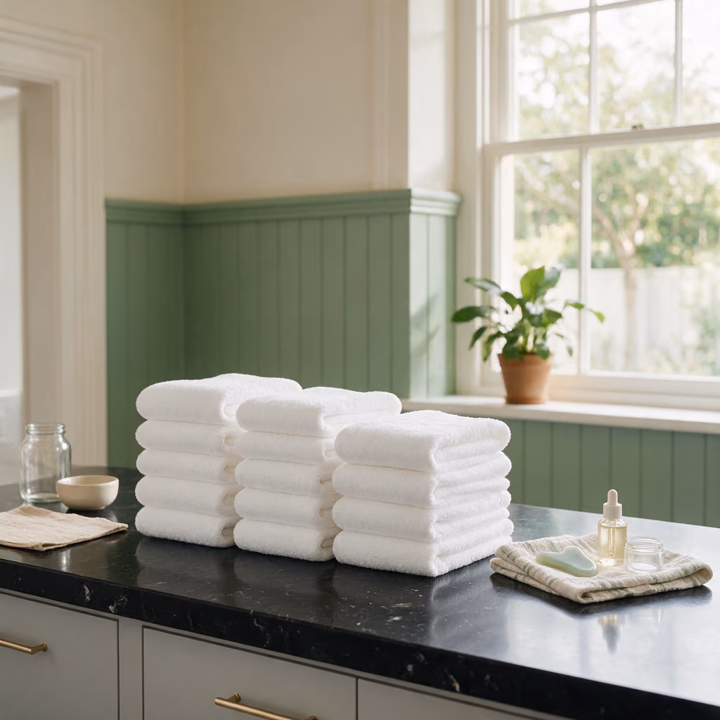 Neatly folded white towels on the clinic counter ahead of a skin booster treatment