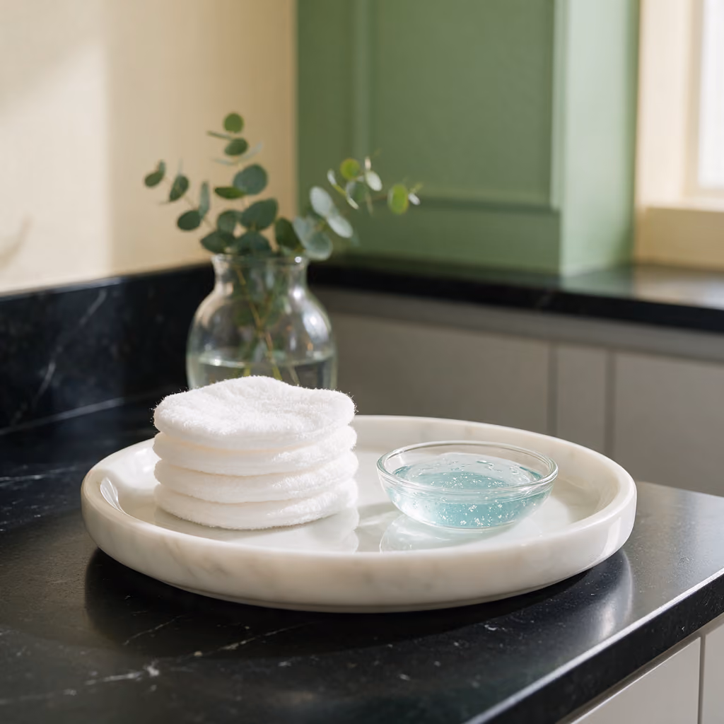 Cotton pads and skin booster gel on a marble dish in the clinic treatment room