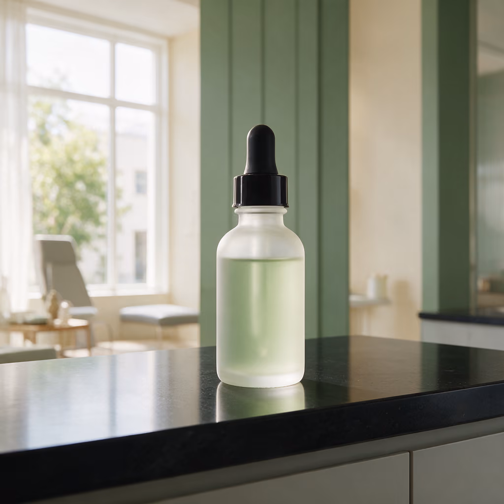 Frosted glass skincare bottle with dropper on the black stone counter