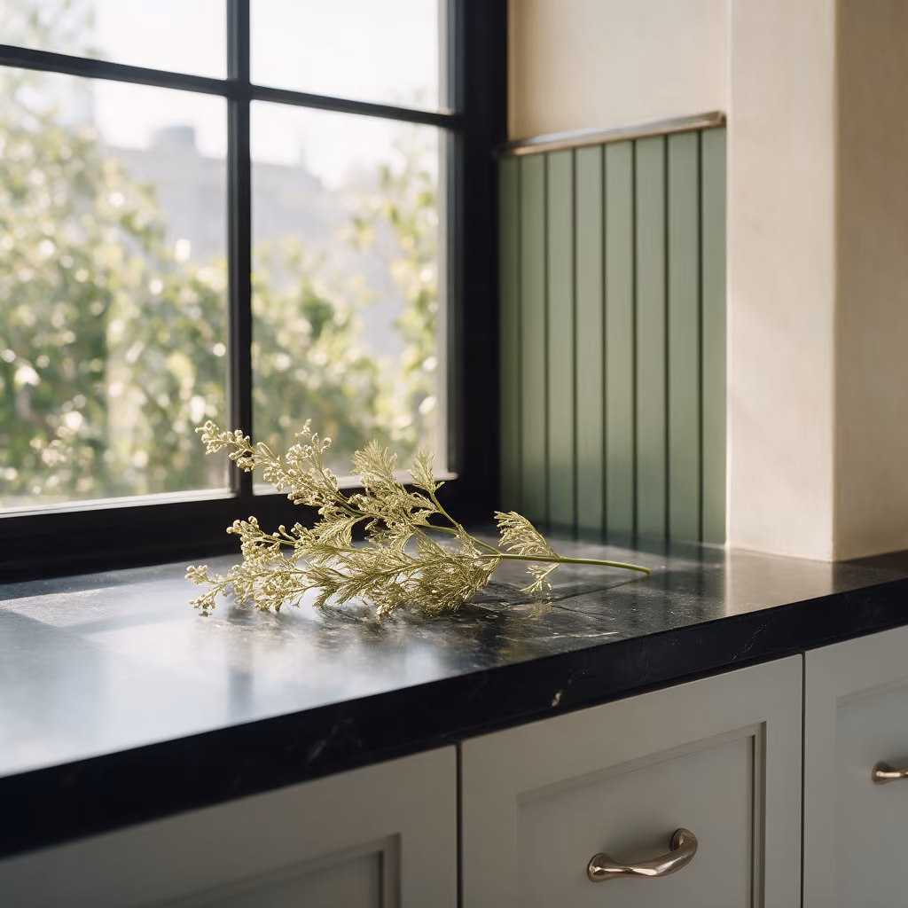 Botanical sprig on the black stone counter by the clinic window