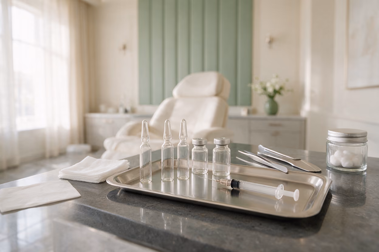 Unlabelled glass ampoules, vials and a syringe arranged on a steel tray for a polynucleotide treatment