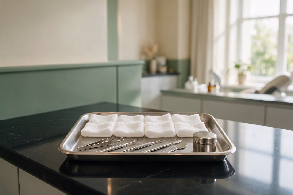 Steel instrument tray with folded cotton pads and treatment tools ready for a polynucleotide session