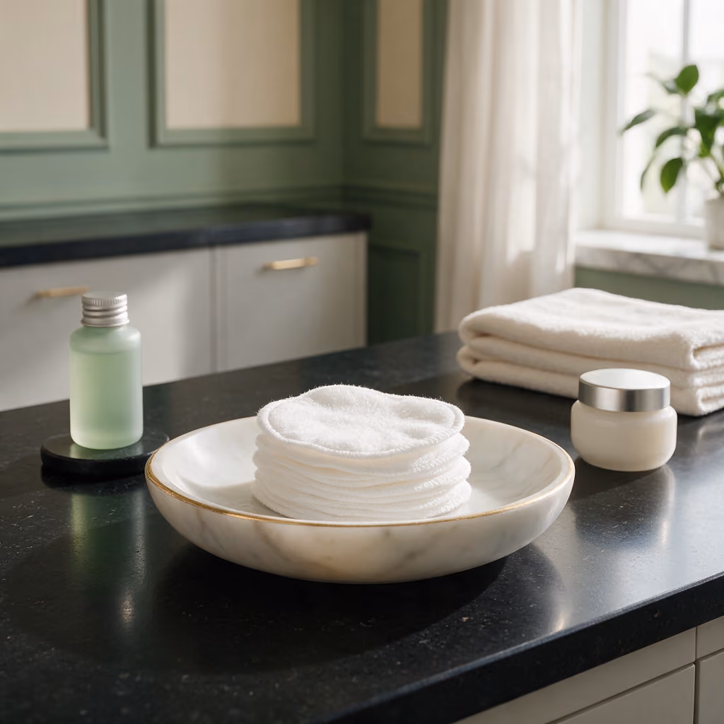 Cotton pads arranged on a marble dish for a polynucleotide skin treatment