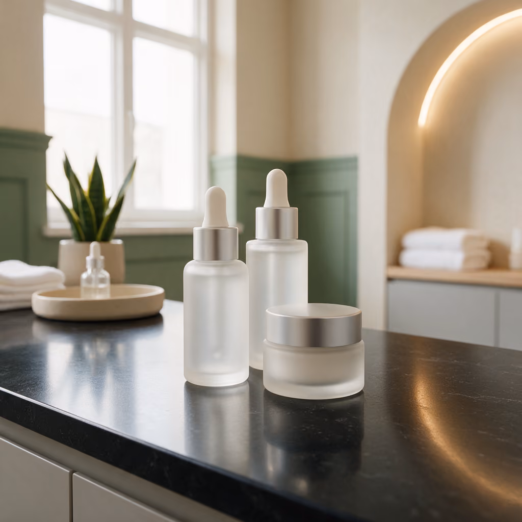 Frosted glass skincare bottles used in polynucleotide skin regeneration treatments