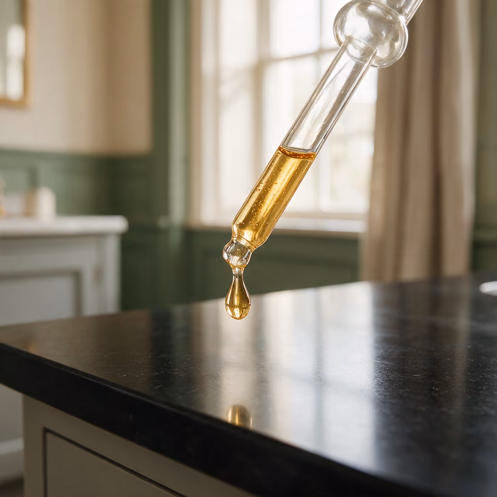 Glass serum pipette dispensing a droplet during a polynucleotide skin regeneration treatment