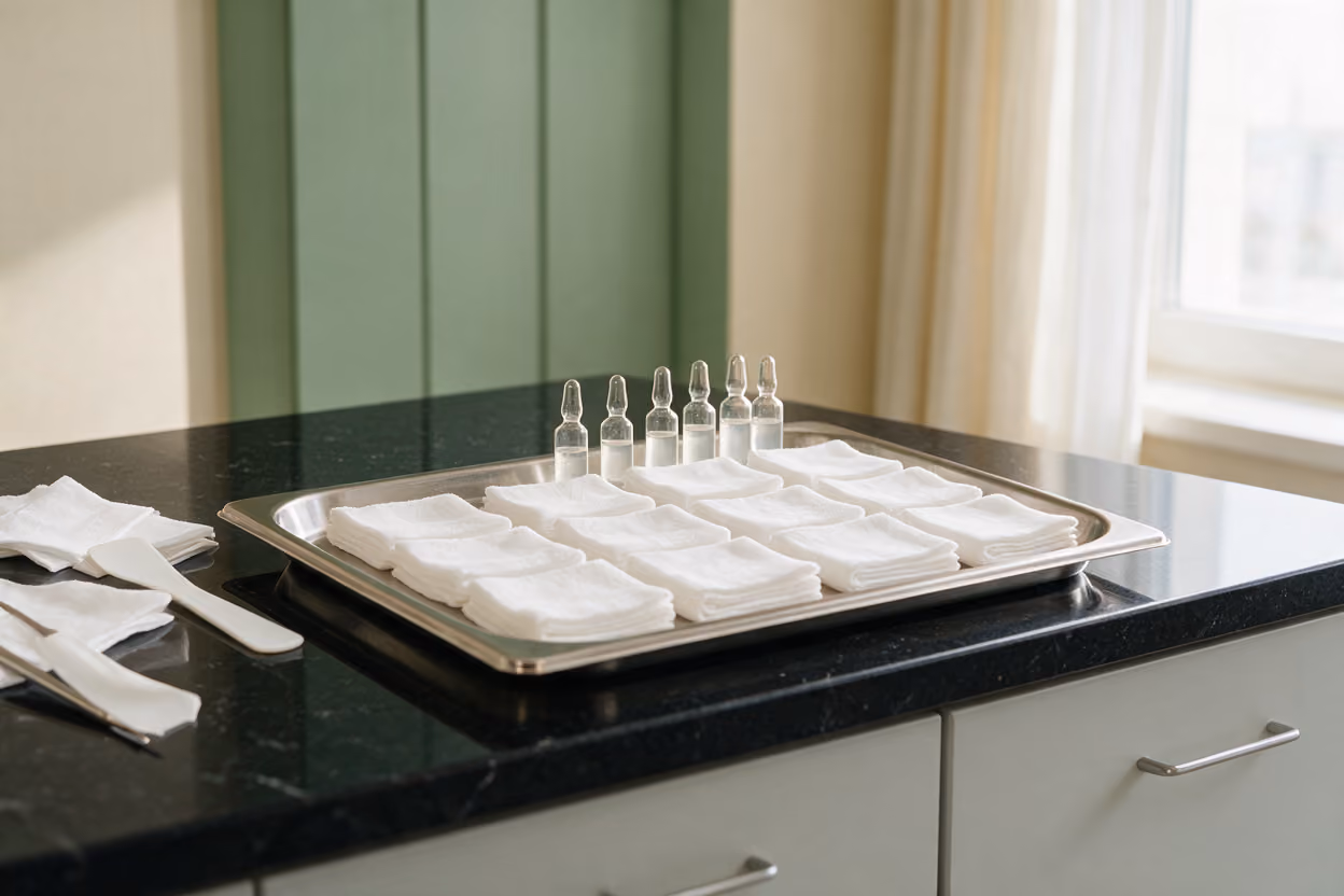 Steel treatment tray with folded cotton pads and glass ampoules for SuneKos under-eye treatment