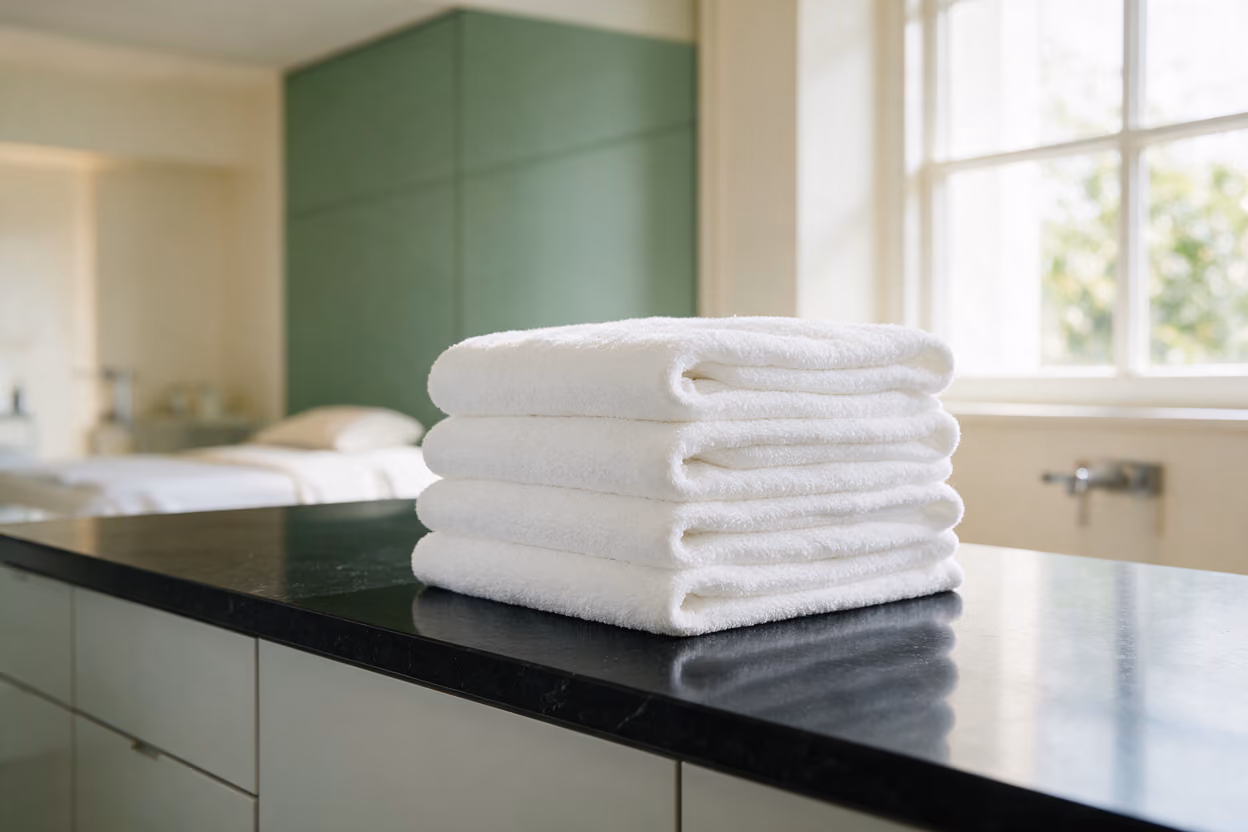 Neatly folded white towels in the under-eye treatment room