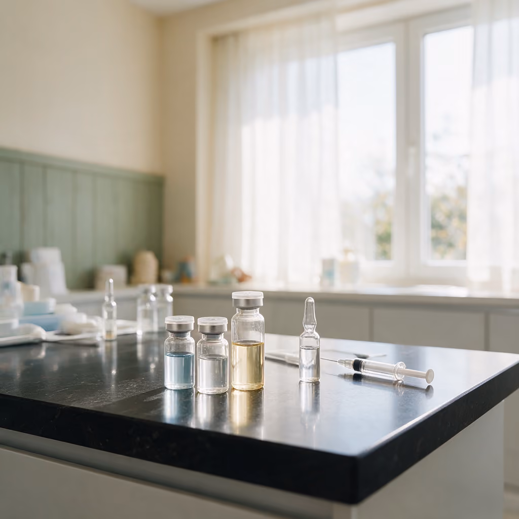 Glass vials, ampoules and syringe used for SuneKos under-eye injectable treatment