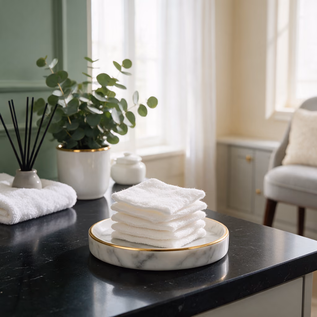 Cotton pads on a marble and gold dish for SuneKos under-eye treatment