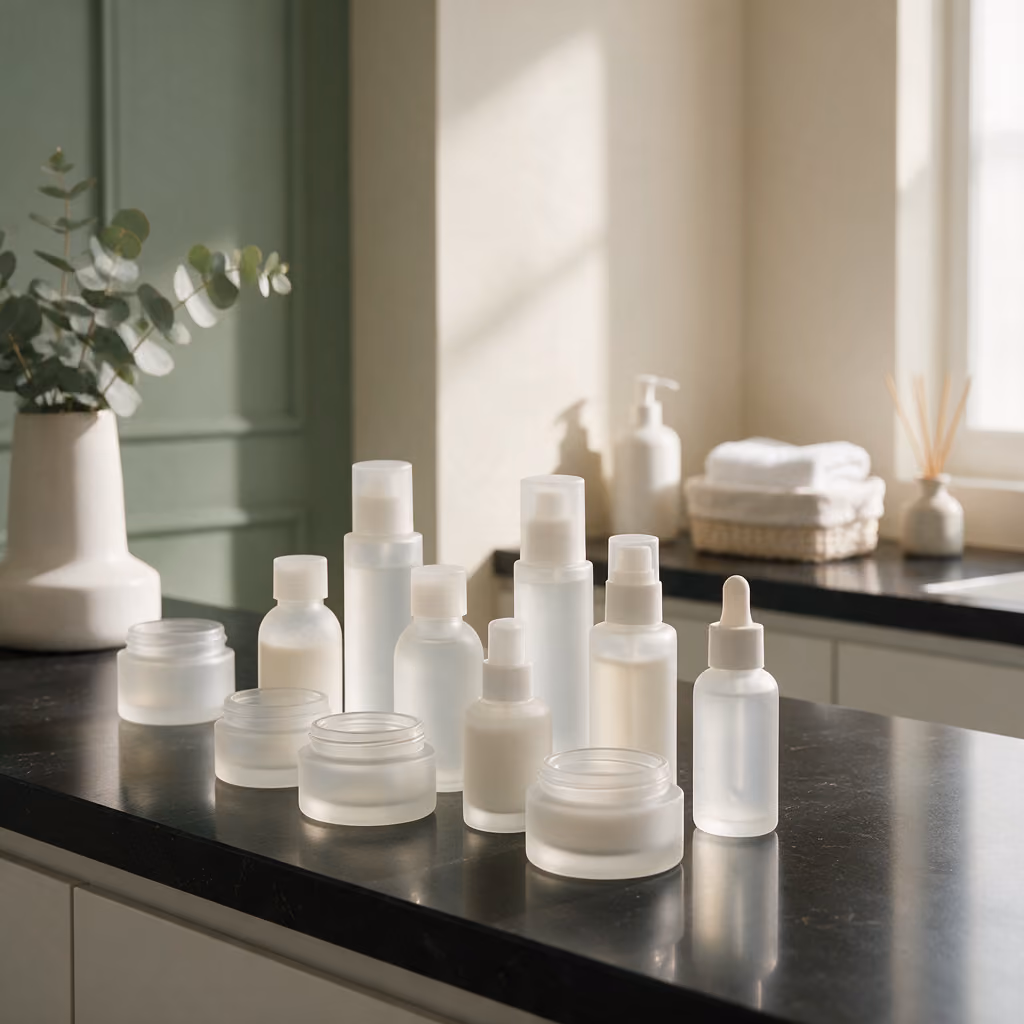 Frosted glass skincare bottles used in SuneKos under-eye treatment