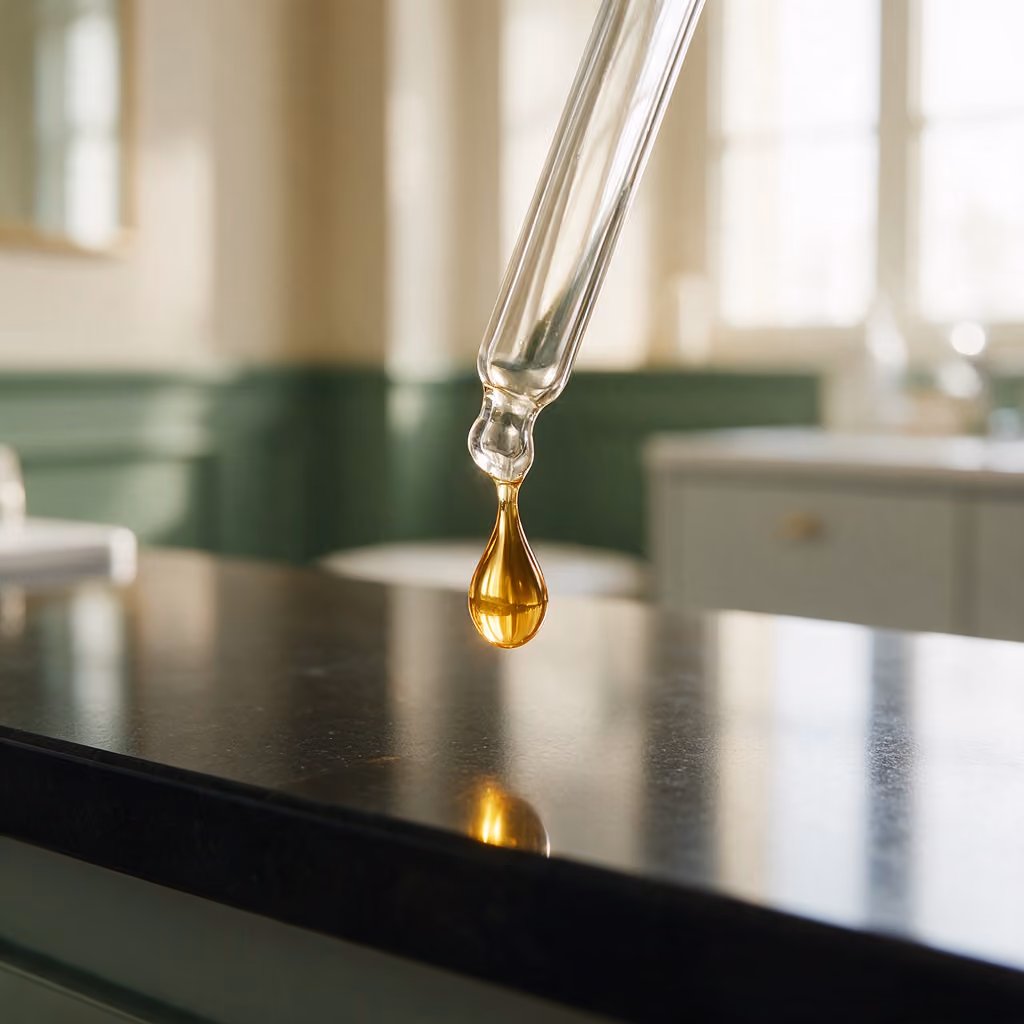 Close-up of a glass pipette releasing a drop of serum for under-eye skin repair