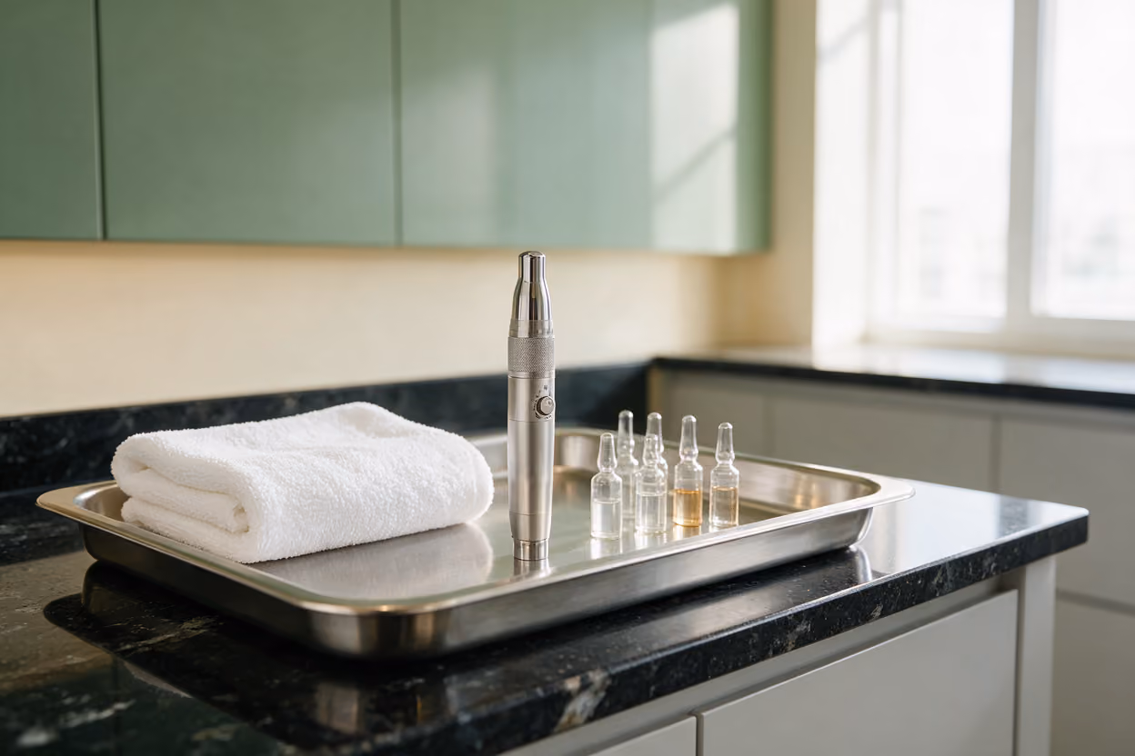 Steel tray with a microneedling pen, ampoules, and folded towel
