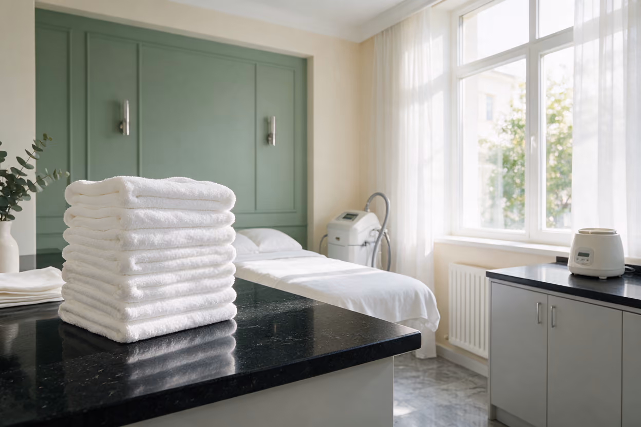 Folded white towels beside a sunlit clinic window