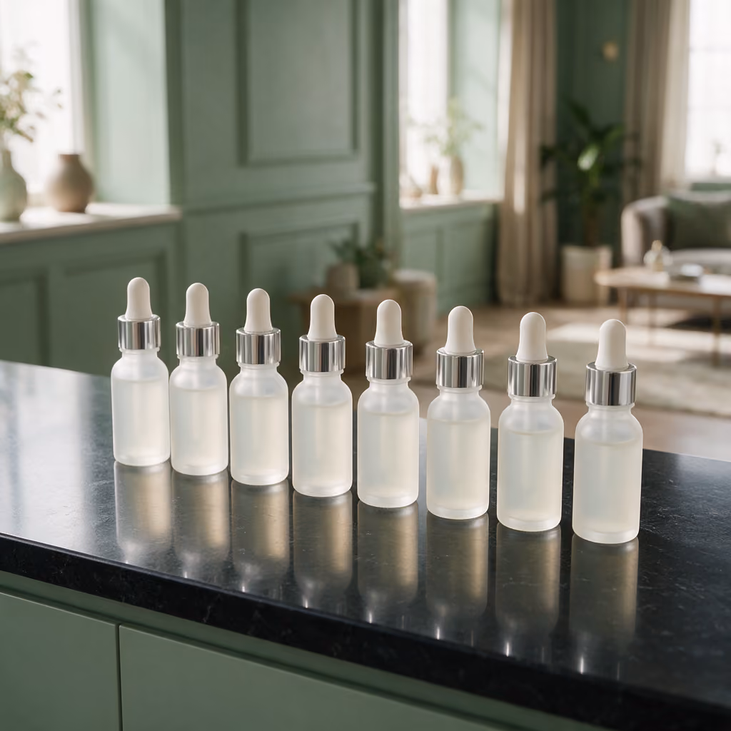 Row of unlabelled serum vials on a black stone countertop