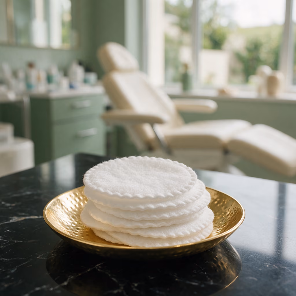 Cotton pads on a small gold dish on black marble