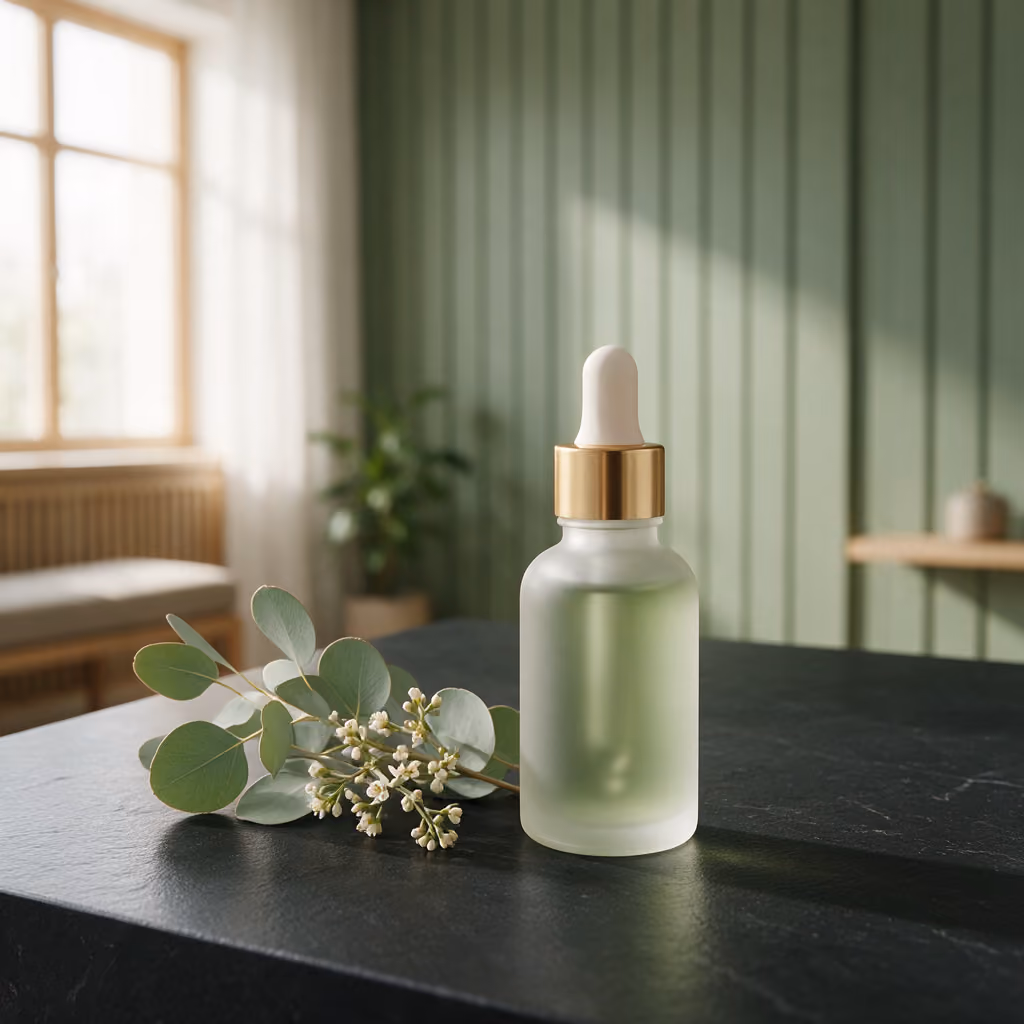 Botanical sprig beside a frosted glass dropper bottle