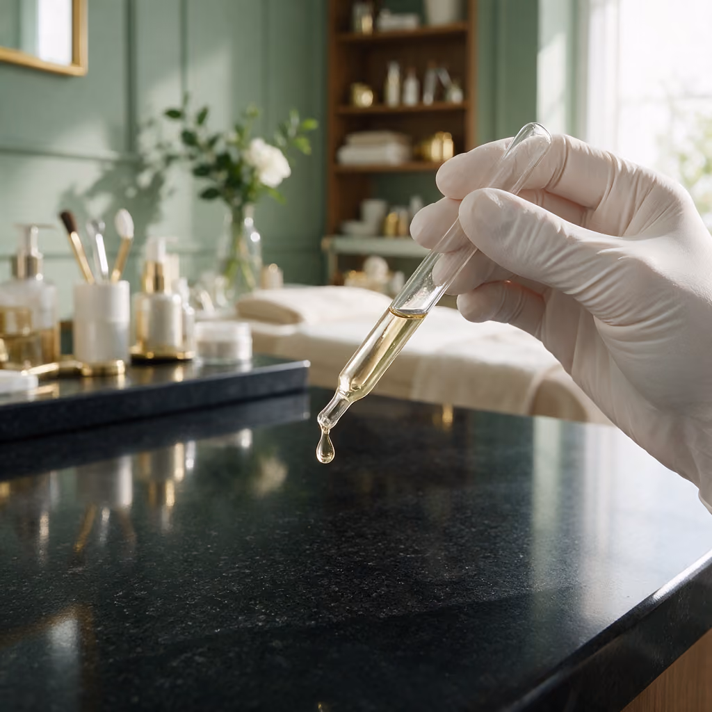 Gloved hand holding a fine serum pipette with a droplet
