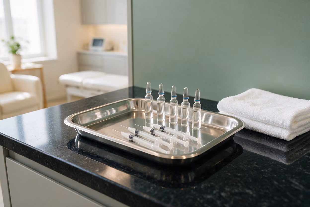 Steel tray with filler syringes, ampoules, and folded towel