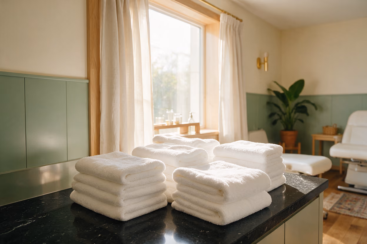 Folded white towels beside a sunlit clinic window