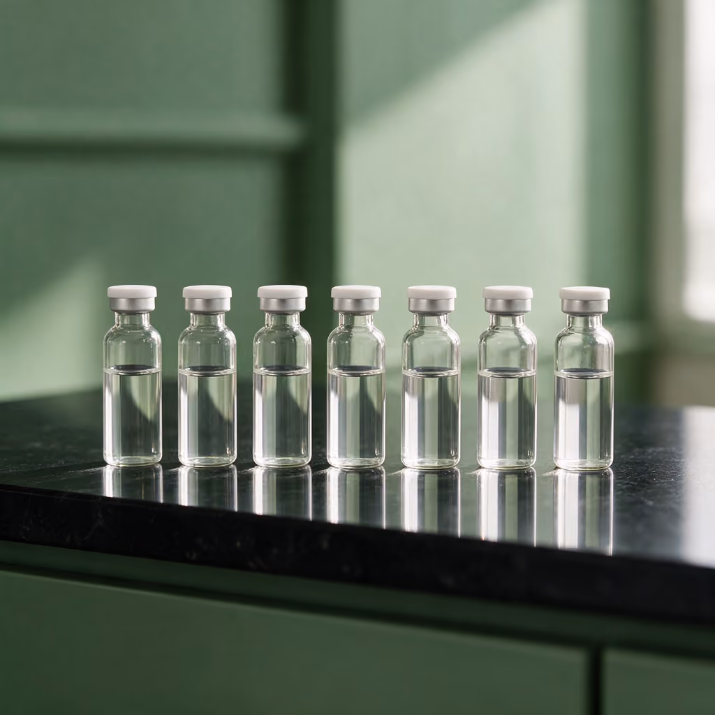 Unlabelled filler ampoules on a black stone countertop
