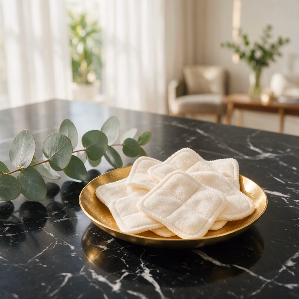 Cotton pads on a gold dish beside a botanical sprig