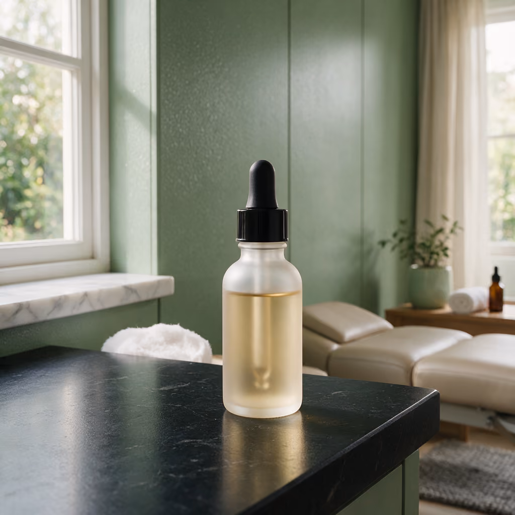 Frosted glass dropper bottle in natural window light