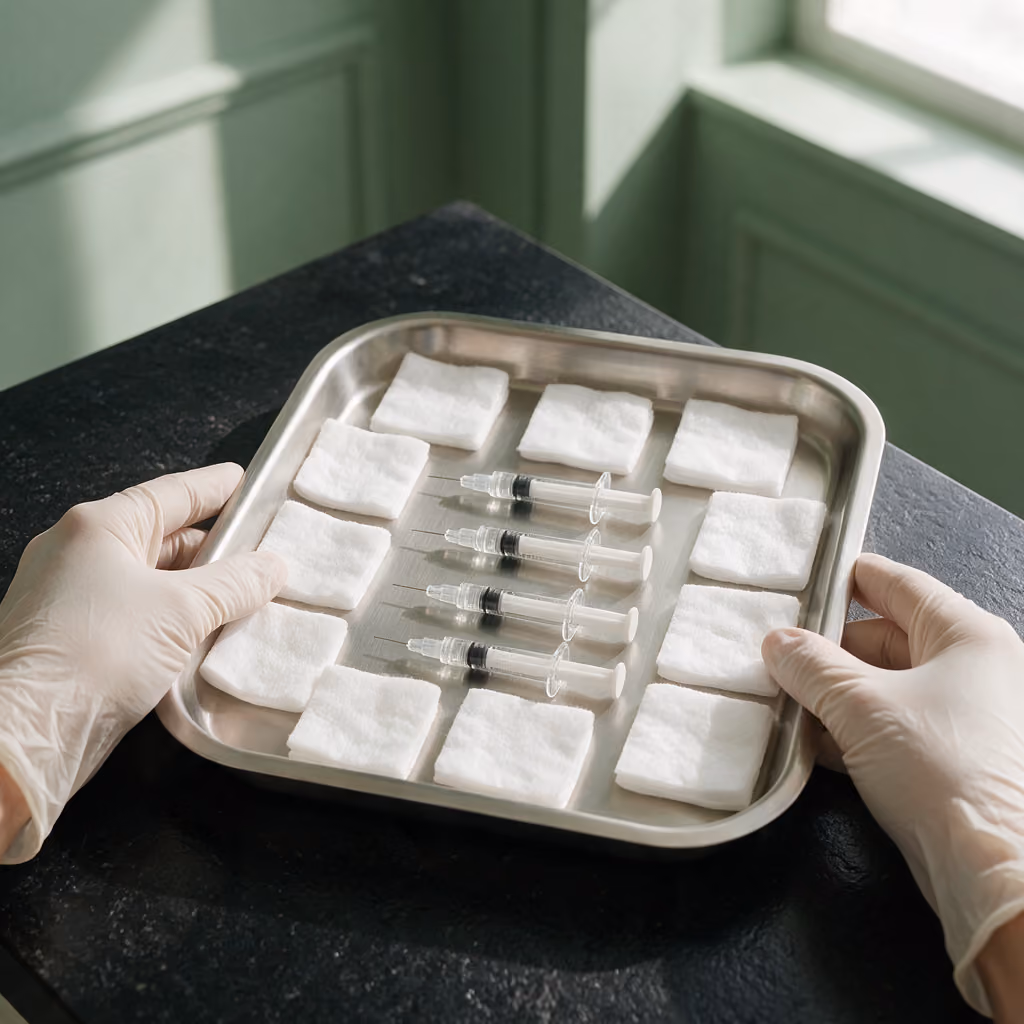 Gloved hands arranging a steel tray of filler syringes and cotton pads