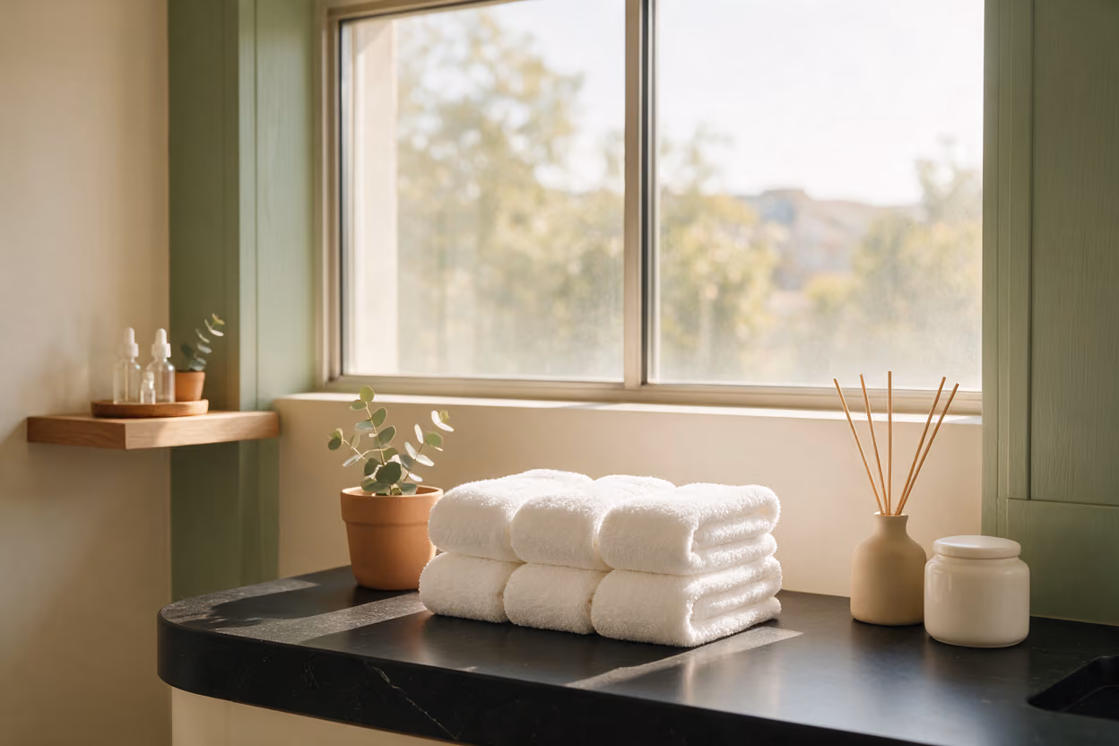 Folded white towels beside a sunlit window in the lip enhancement treatment room
