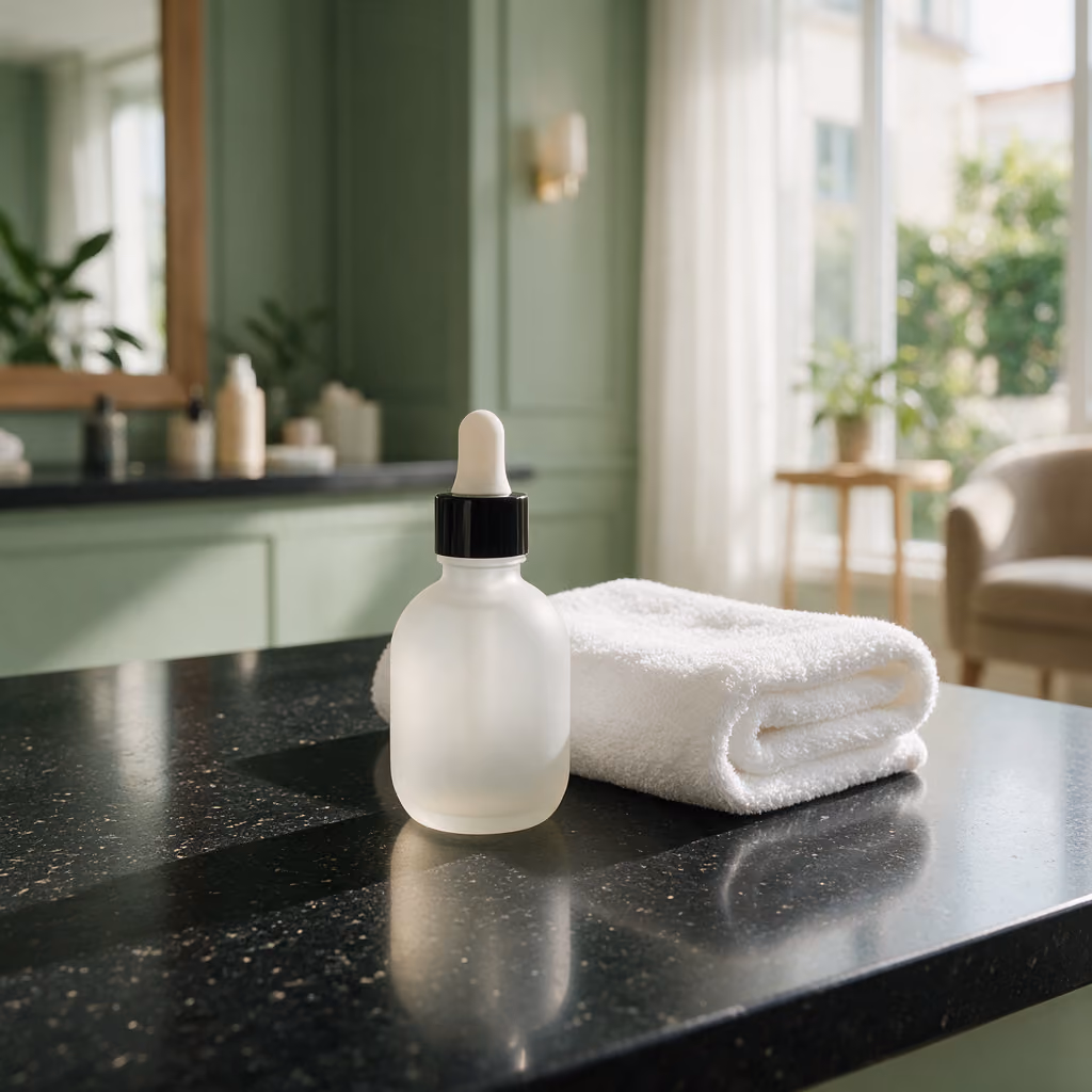 Frosted glass dropper bottle beside a folded towel in the treatment room