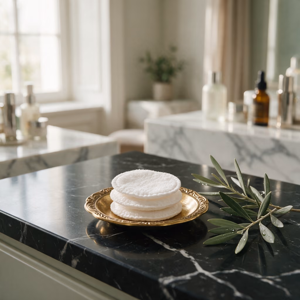 Cotton pads on a gold dish with a botanical sprig in the lip treatment clinic
