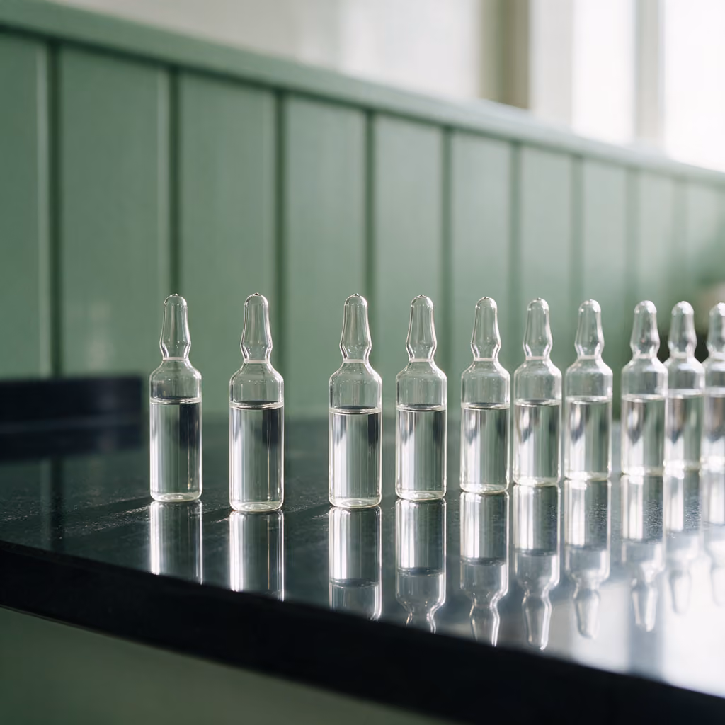 Row of unlabelled glass ampoules on the clinic countertop for lip treatment