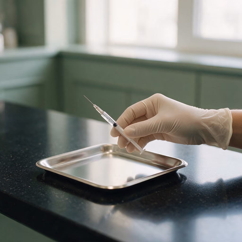 Gloved hand holding a treatment syringe over a steel tray for lip enhancement