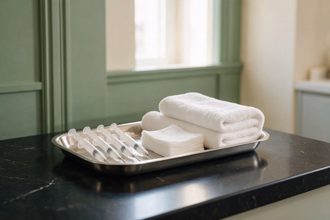 Steel tray with syringes, cotton pads and a towel for lip enhancement treatment