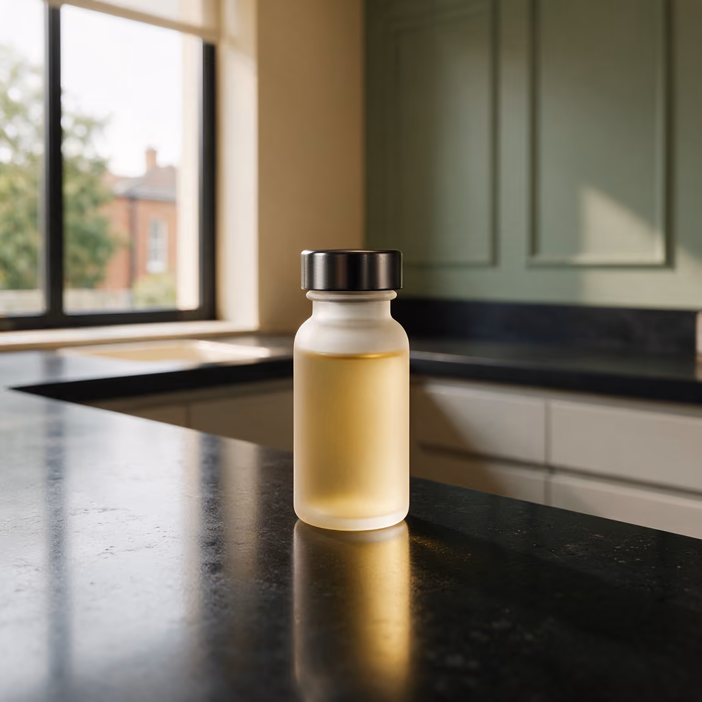 Unlabelled frosted glass vial of pale golden Profhilo solution on the clinic countertop