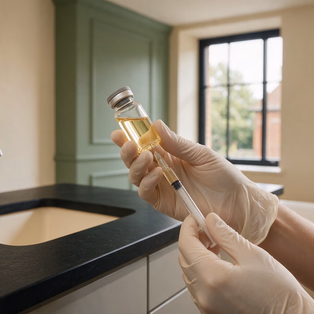 Gloved hands drawing up Profhilo solution into a syringe in the treatment room